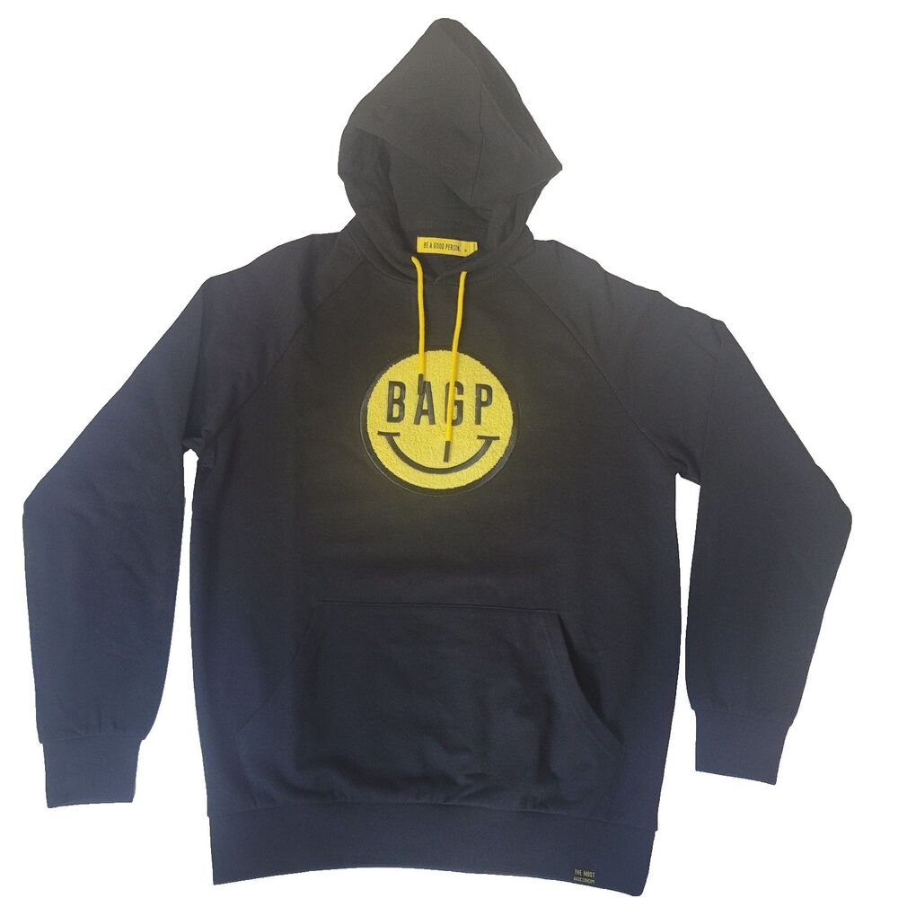 Be A Good Person Hoodie Mens Medium Black Yellow Smiley Face Graphic BAGP